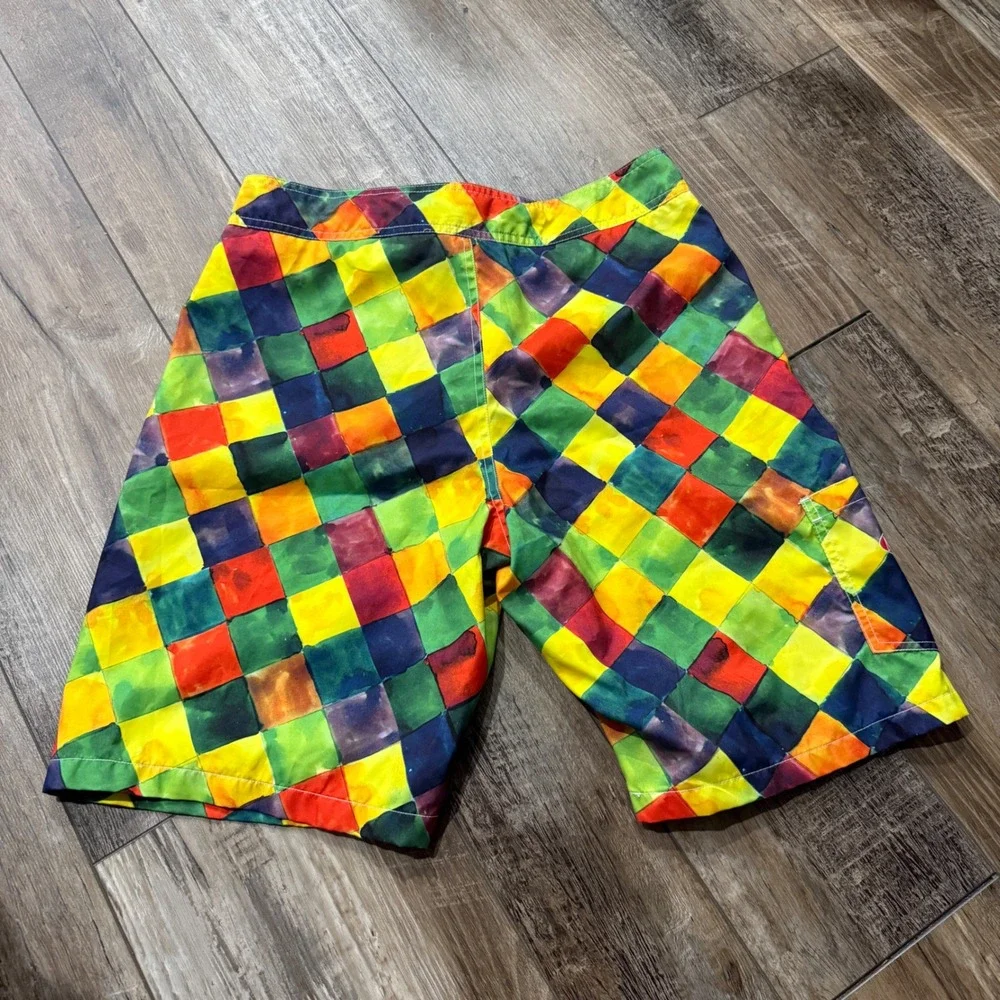 Mambo Board Shorts Mens Medium Multi Color Watercolor Checkerboard Swim Trunks